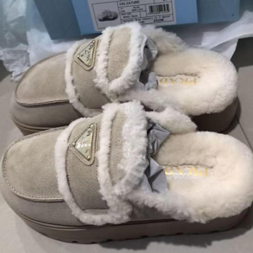 Prada Beige Suede Shearling Mules Size 39